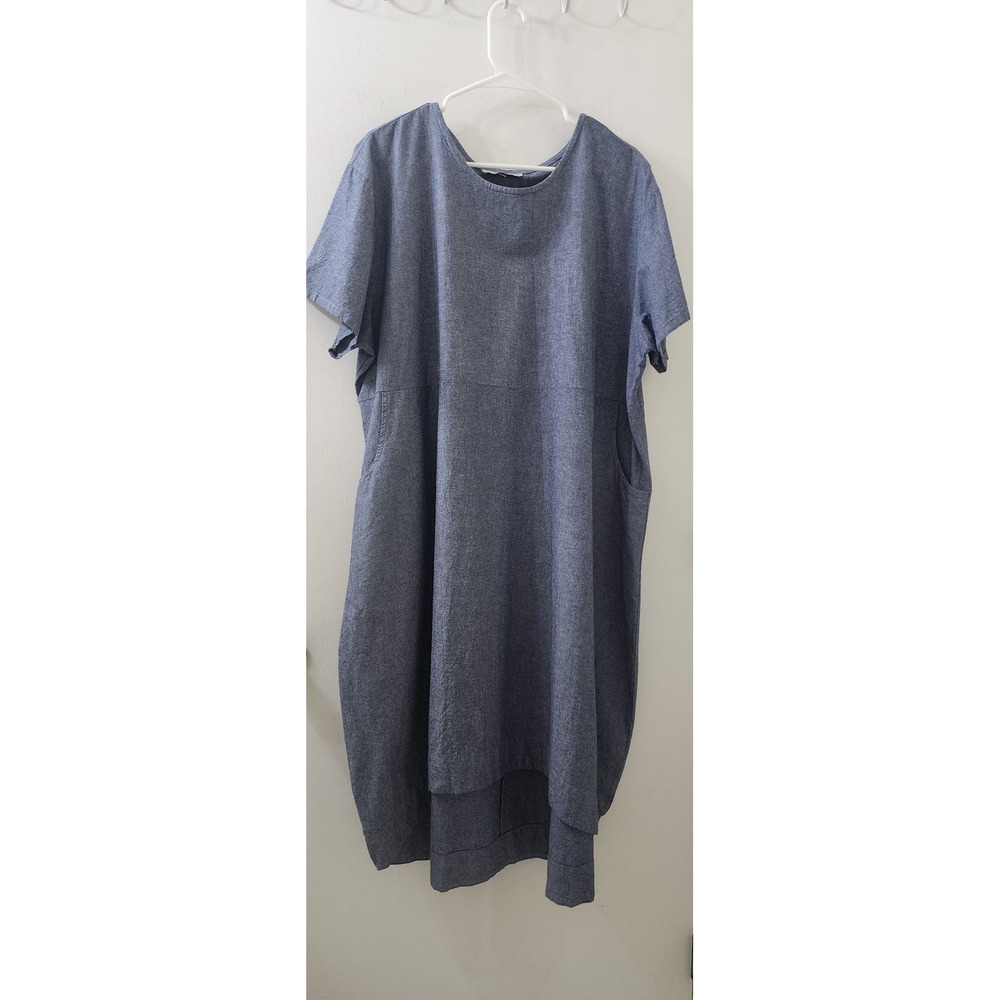 Bryn Walker XL Blue Cotton Chambray High Low Pocket Midi Dress Made in USA